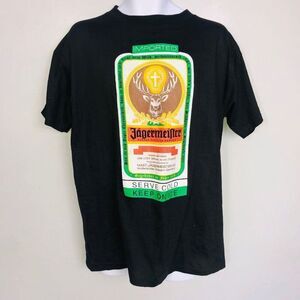 Vintage 90s Jagermeister Mens L T Shirt Black Short Sleeve German Liquor Bar